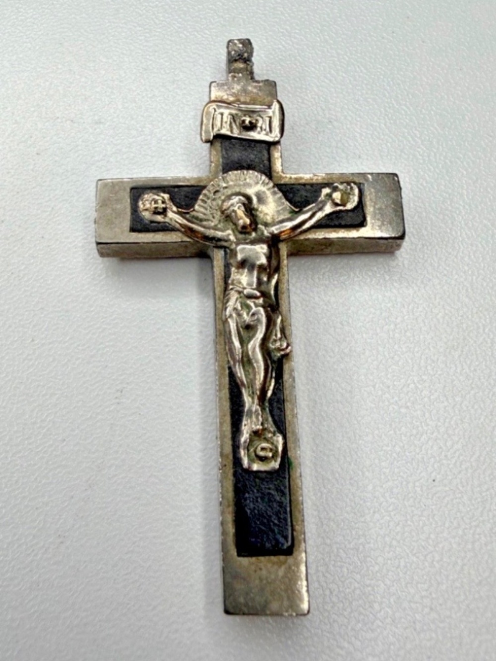 Vintage Catholic Crucifix Pendant Silver Tone Wood Inlay Cross 2" Long
